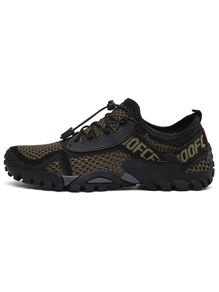 Side view of men's breathable elastic camping shoes with mesh upper and durable rubber sole, SF0827, perfect for outdoor sports.